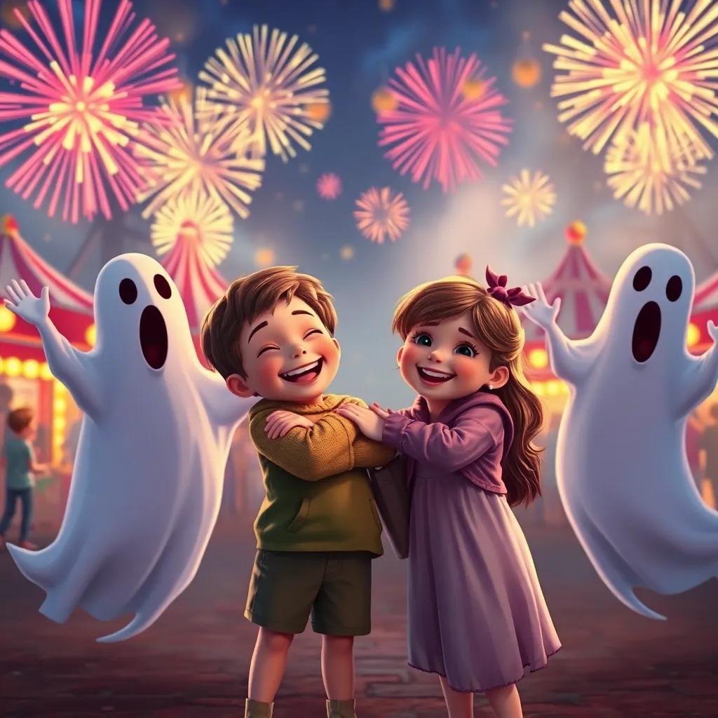 Children laughing and hugging as the ghosts vanish, a beautiful fairground backdrop with fireworks, joyful celebration scene, magical colors, heartwarming atmosphere
