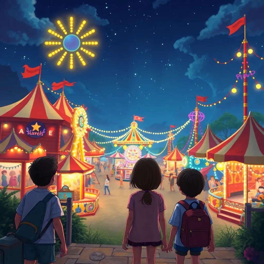 An overview of the fairground at night with glowing lights, children remembering their adventure, colorful scenery, fantasy art, whimsical and vibrant, high quality