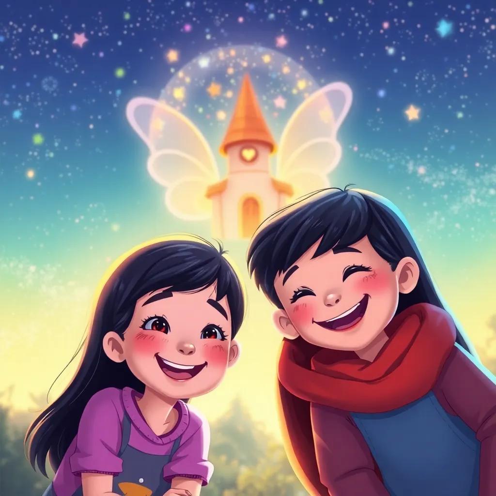 Children's faces filled with joy and satisfaction, remembering their adventures, against the fairy backdrop, emotional warmth, colorful and joyful illustration