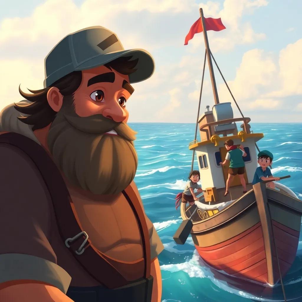 Pedro, a strong man with a beard and a cap, next to a small fishing boat, preparing to leave for the ocean, surrounded by friends, eager expressions, soft waves, digital painting, lively, adventure atmosphere, high quality