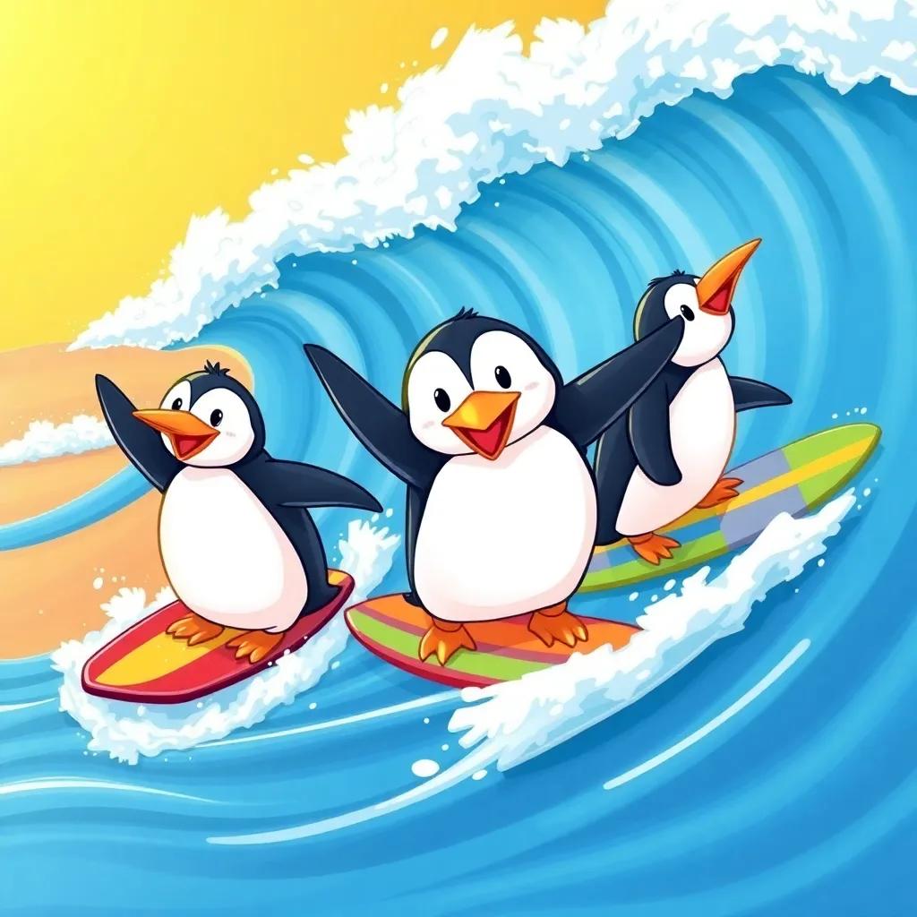 The Pérez penguin family surfing on big waves at the beach, smiling and having fun while riding their colorful surfboards, sunny day, bright blue sea, lively energy, child-friendly illustration, perfect for children