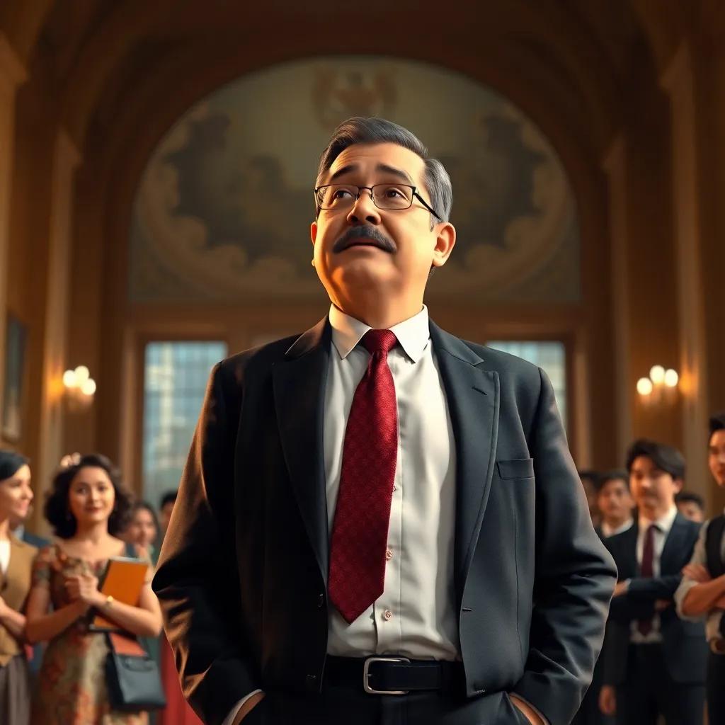 Manuel Ávila Camacho, a middle-aged Mexican man in formal attire, standing confidently in front of a group of people, discussing economic plans in a government building, historical style, warm light, focused atmosphere, vibrant colors, high quality