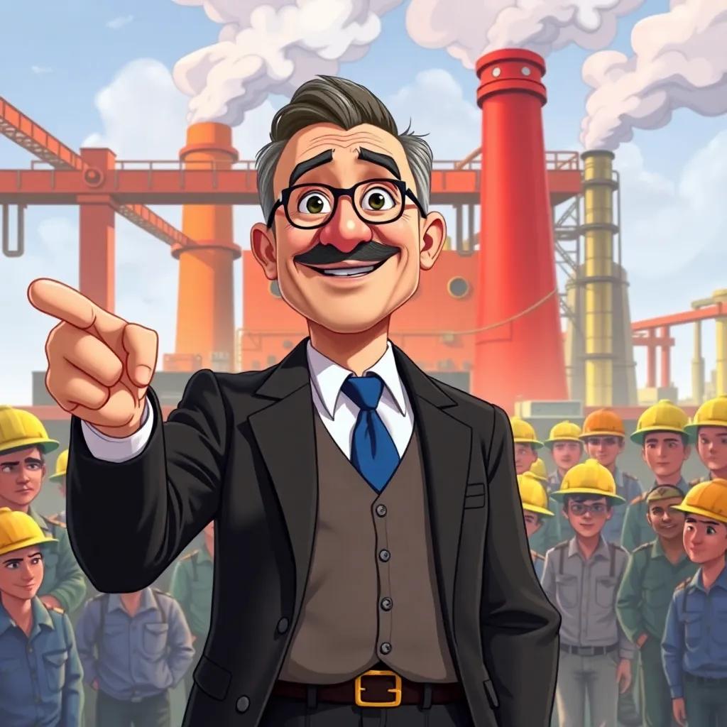 Miguel Alemán Valdés, a middle-aged Mexican man wearing a smart suit, surrounded by industrial workers and factories, looking enthusiastic as he points towards a new factory, historical illustration, bright colors, optimistic setting, high quality