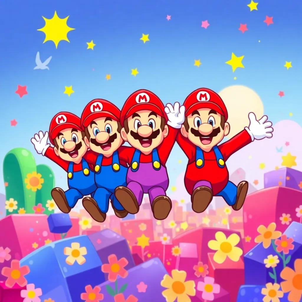 Siete hermanos Mario con gorros rojos y azules, saltando felices en un mundo de bloques y flores brillantes, ilustración colorida, estilo digital, alegre y vibrante, perspectiva panorámica, arte infantil, alta calidad