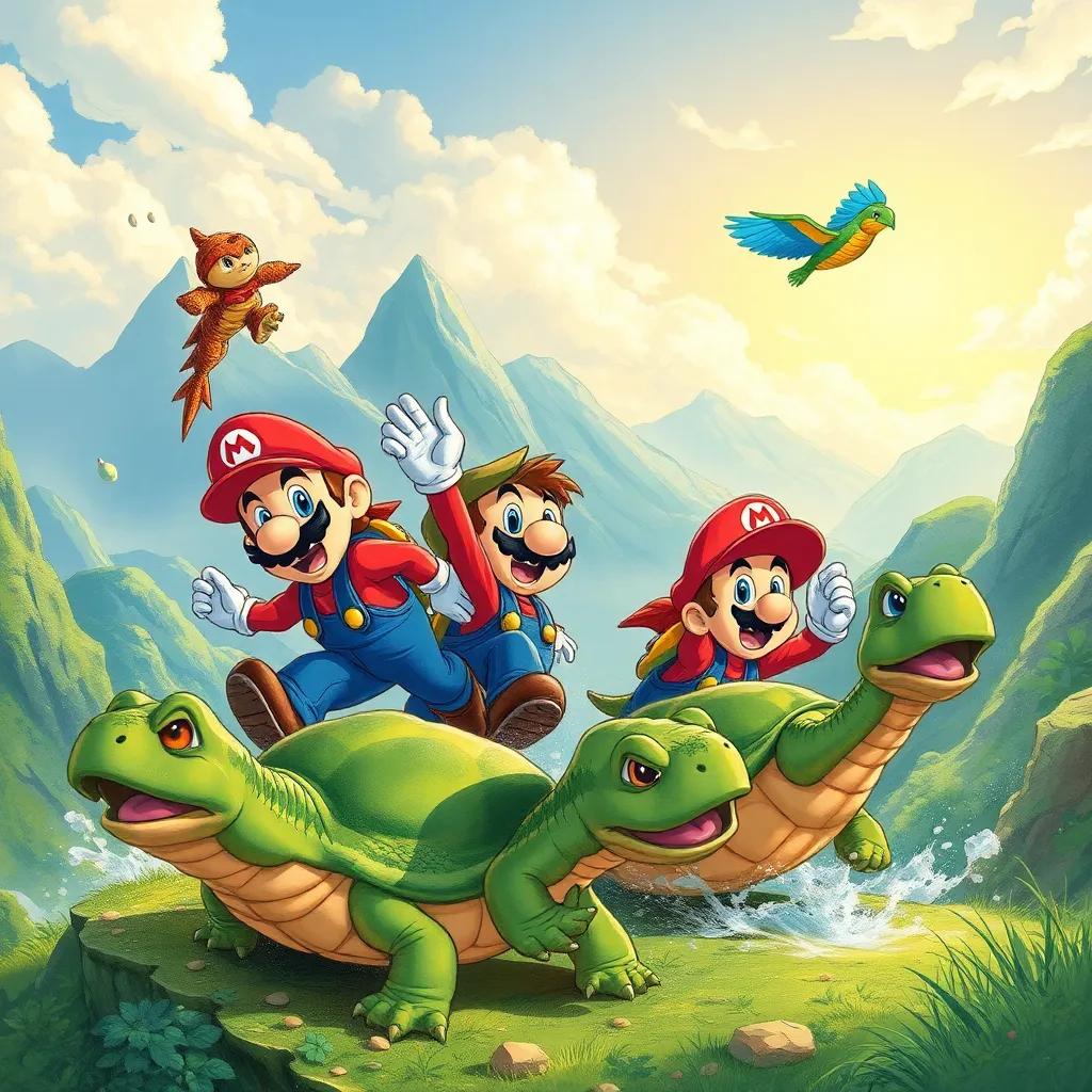 Los hermanos Mario enfrentando trampas y tortugas, cada uno usando sus habilidades únicas, rodeados de un paisaje fantástico, ilustración dinámica, acción y aventura, colores brillantes, perspectiva en movimiento, calidad infantil