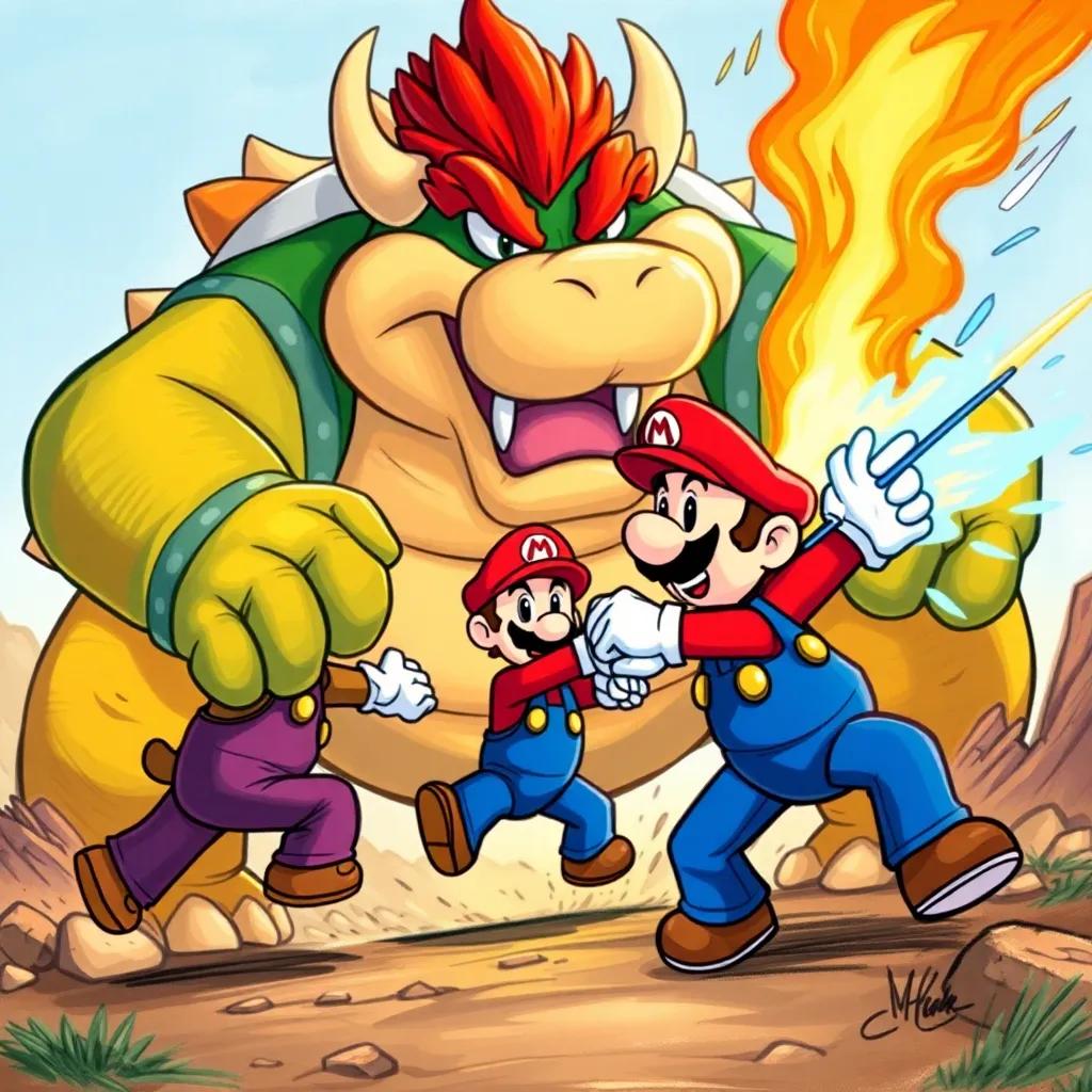 Bowser rugiendo con furia frente a los hermanos, cada Mario lanzando sus poderes en equipo, arte vibrante, escena de batalla emocionante, colores contrastantes, calidad infantil, vista dramática, diversión en la acción