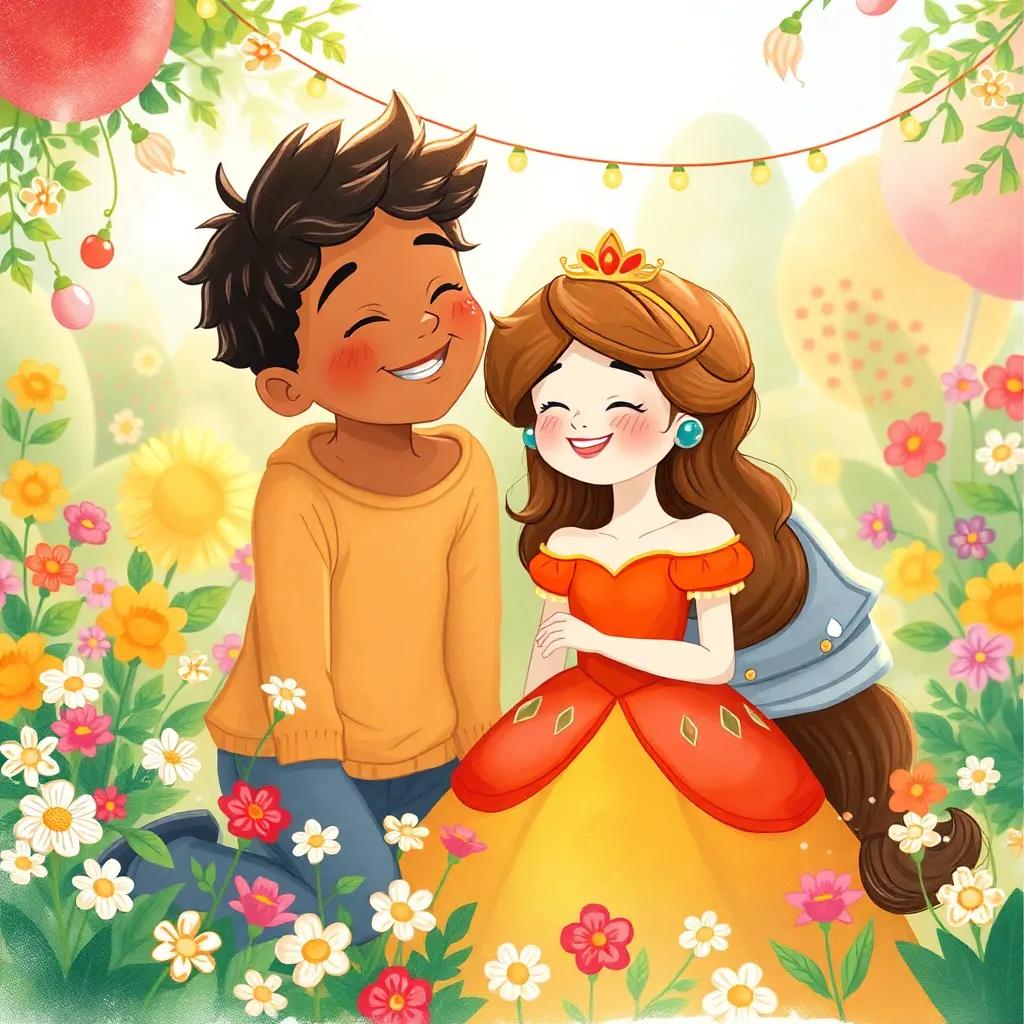 La princesa Peach sonriendo felizmente entre los hermanos, en un jardín lleno de flores y festividades, arte colorido y festivo, alegría y celebración, detalles encantadores, calidad vibrante, atmosférico, estilo alegre