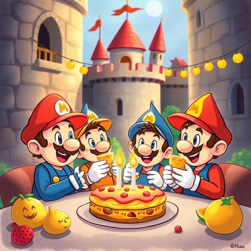 Los hermanos Mario disfrutando un festín en el castillo, con pasteles y frutas y sonrisas en sus caras, arte festivo, escena feliz y luminosa, colores cálidos, vista amplia y celebratoria, alta calidad, ilustración alegre