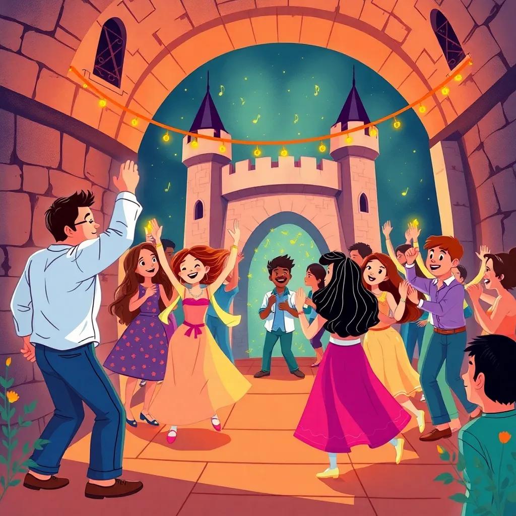 La celebración en el castillo con danza y risa, todos juntos disfrutando la música y los amigos, colores brillantes y alegres, ilustración dinámica y divertida, calidad infantil, perspectiva feliz y amena, arte digital