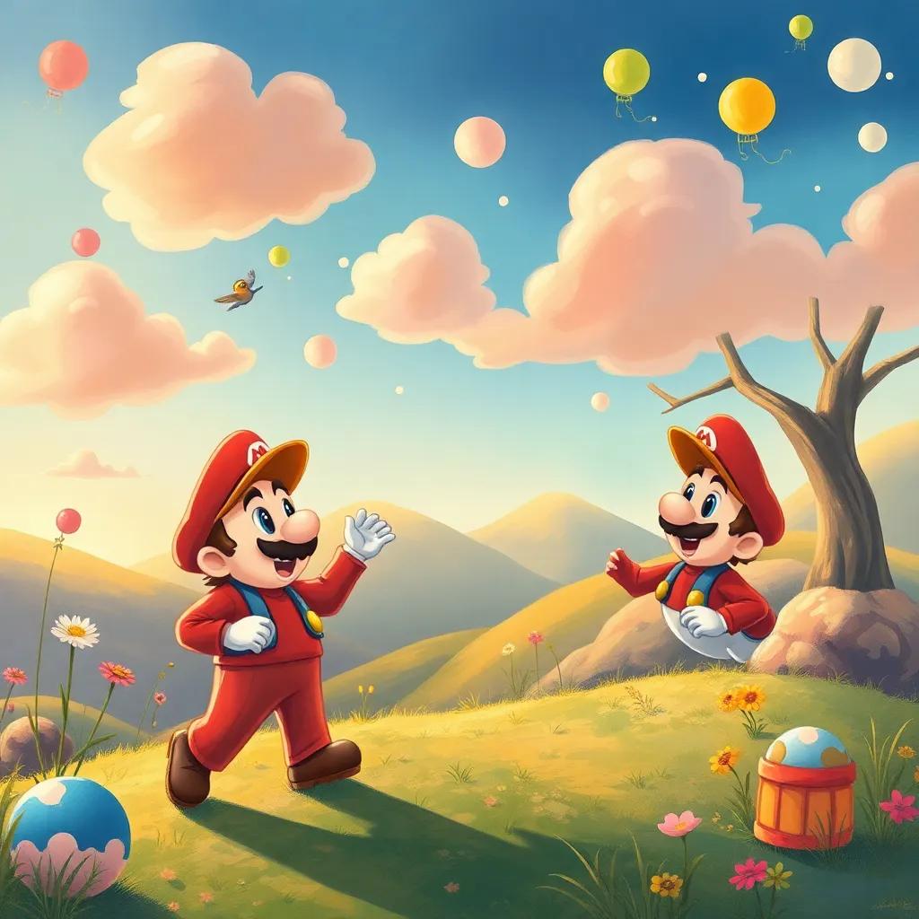 Los hermanos Mario jugando en un paisaje de ensueño, con nubes de colores y juguetes, arte infantil ideal, ambientación mágica, colores suaves y envolventes, alta calidad, temática feliz, vista encantadora