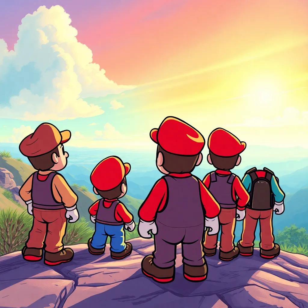 Una escena final de los siete hermanos Mario mirando al horizonte, listos para una nueva aventura, ilustración inspiradora, colores brillantes y cálidos, perspectiva heroica, arte digital, alta calidad