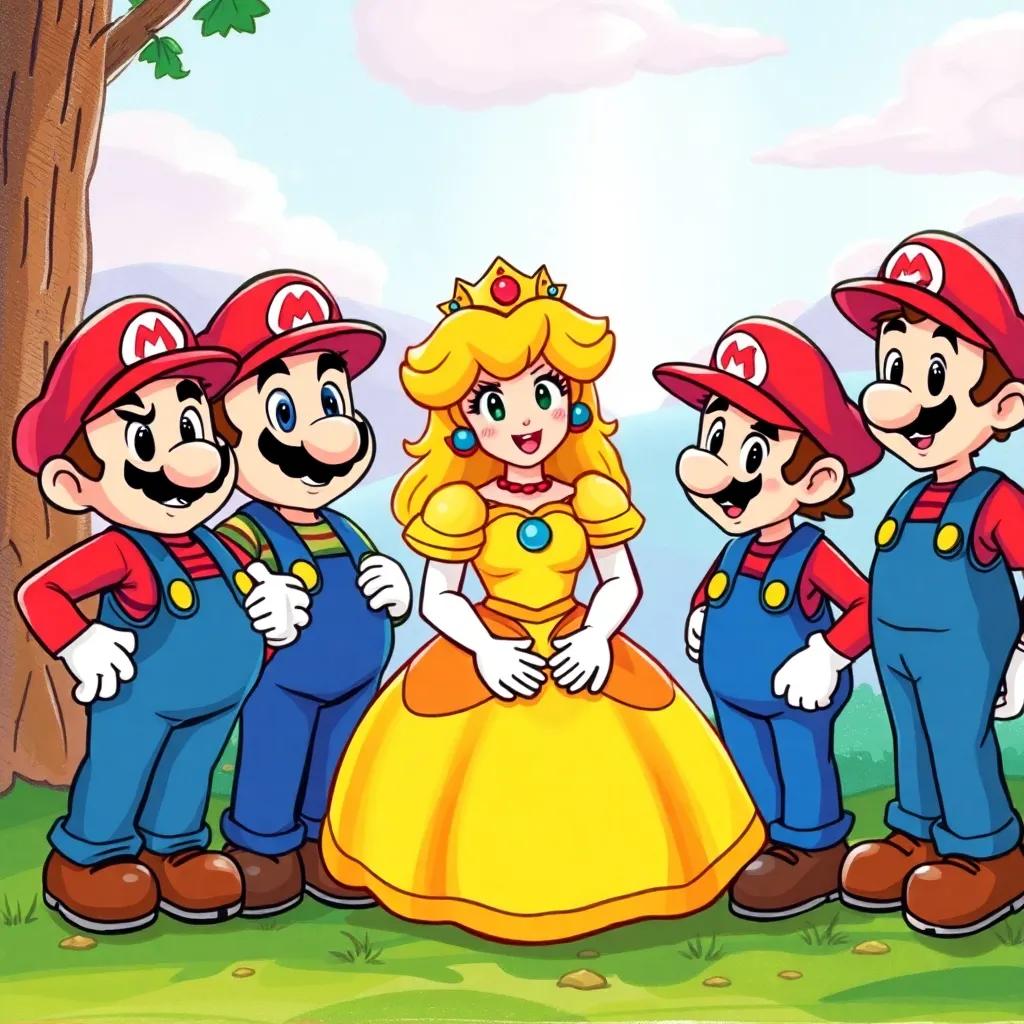 Los siete hermanos Mario con la princesa Peach, en un ambiente de amistad y triunfo, todos riendo y disfrutando, arte vibrante y alegre, vista panorámica, calidad sorprendente, colorido