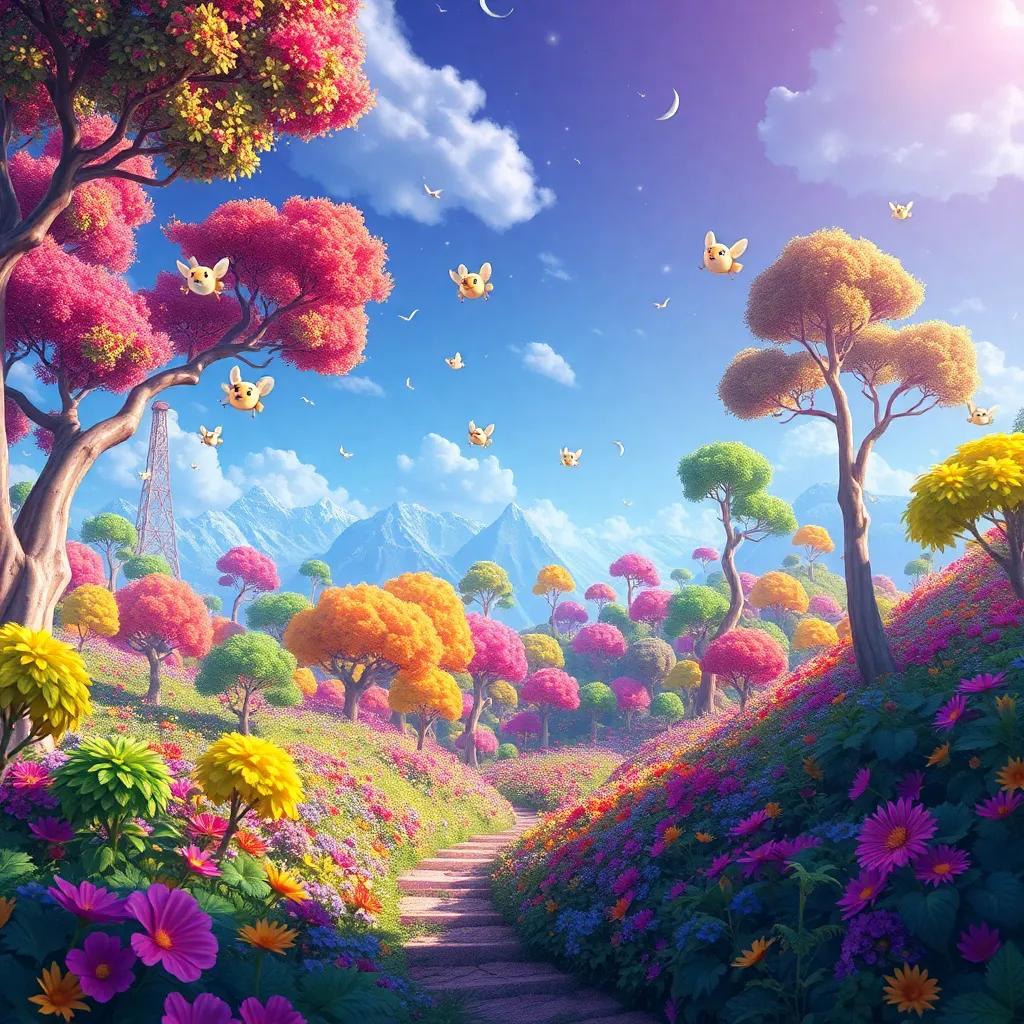 A vibrant and magical landscape of Sílabandia, filled with colorful trees and flowers, where joyful little creatures called Silabitos fly around, digital art, bright colors, enchanting atmosphere, high quality