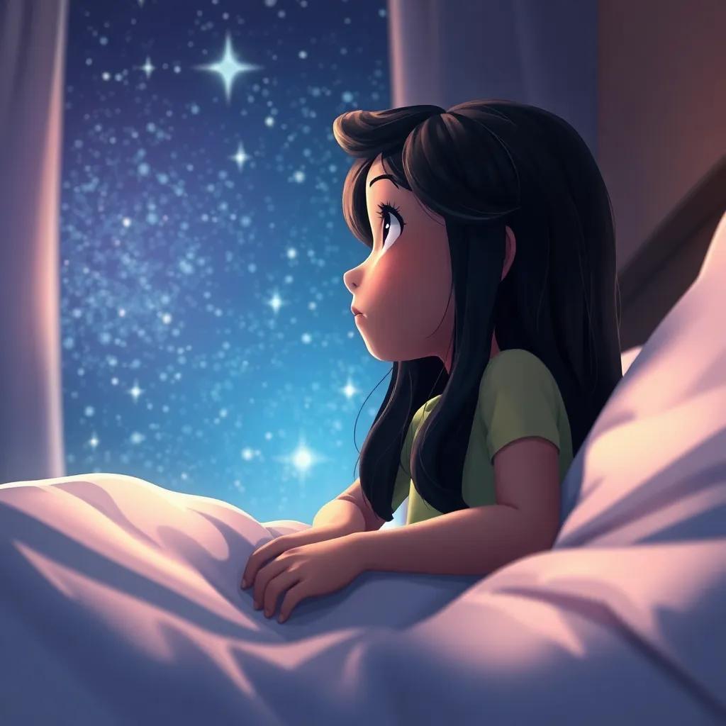 Una niña curiosa, Marisol, con cabello largo y oscuro, sentada en su cama, mirando hacia el cielo estrellado, digital art, vibrantes colores, atmósfera mágica, perspectiva centrada