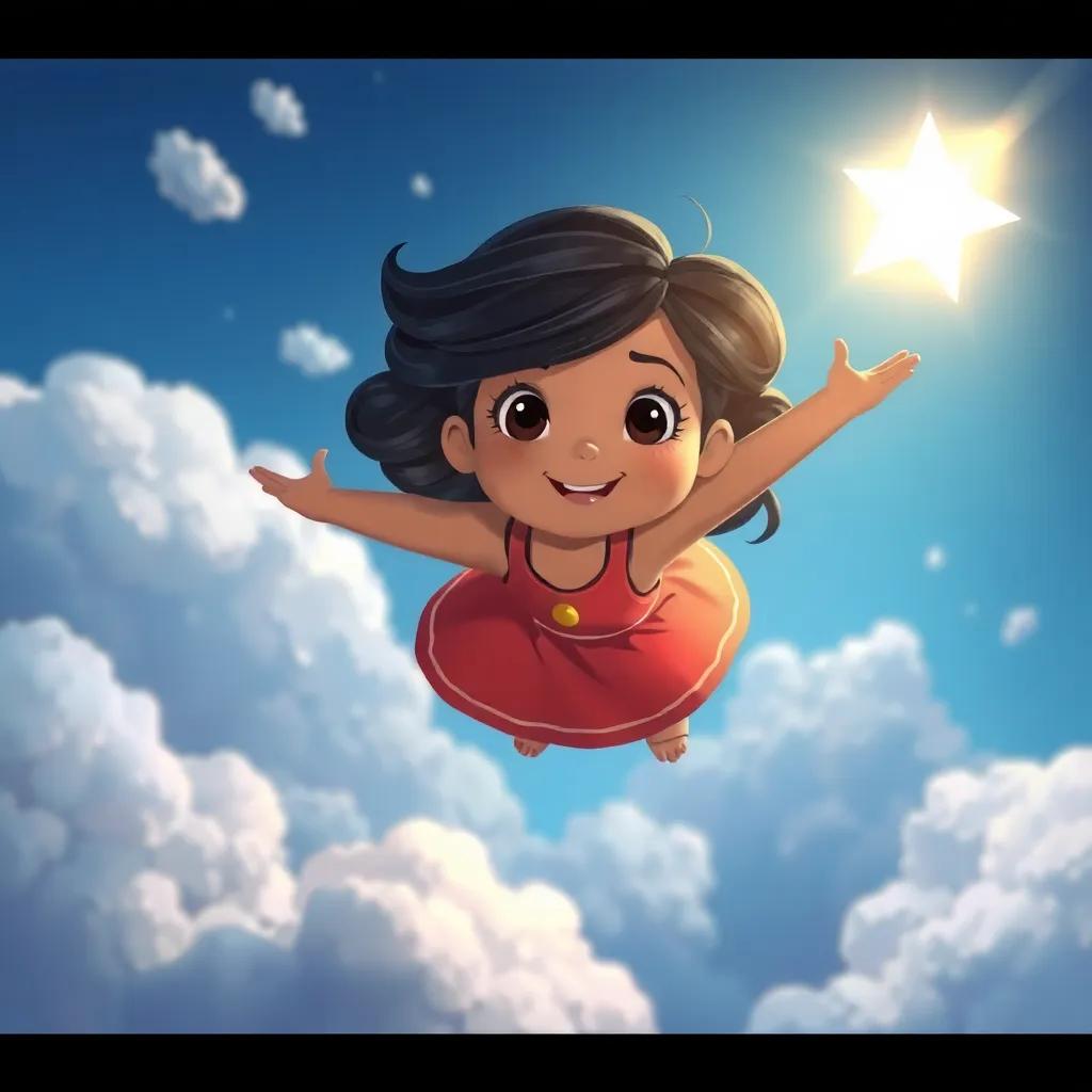Marisol, una niña con cabello largo y oscuro, volando entre nubes de algodón con una estrella brillante, en un cielo azul, ilustración alegre, llena de luz, encantadora, visión de ensueño