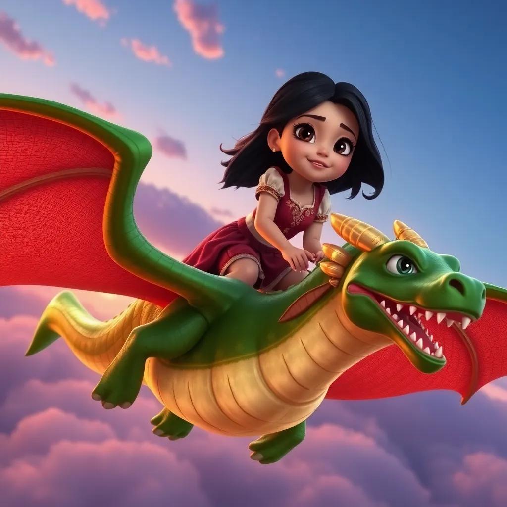 Marisol, una niña con cabello largo y oscuro, montando un dragón verde con escamas brillantes, en un cielo despejado, lleno de emoción, colorido, perspectiva aérea