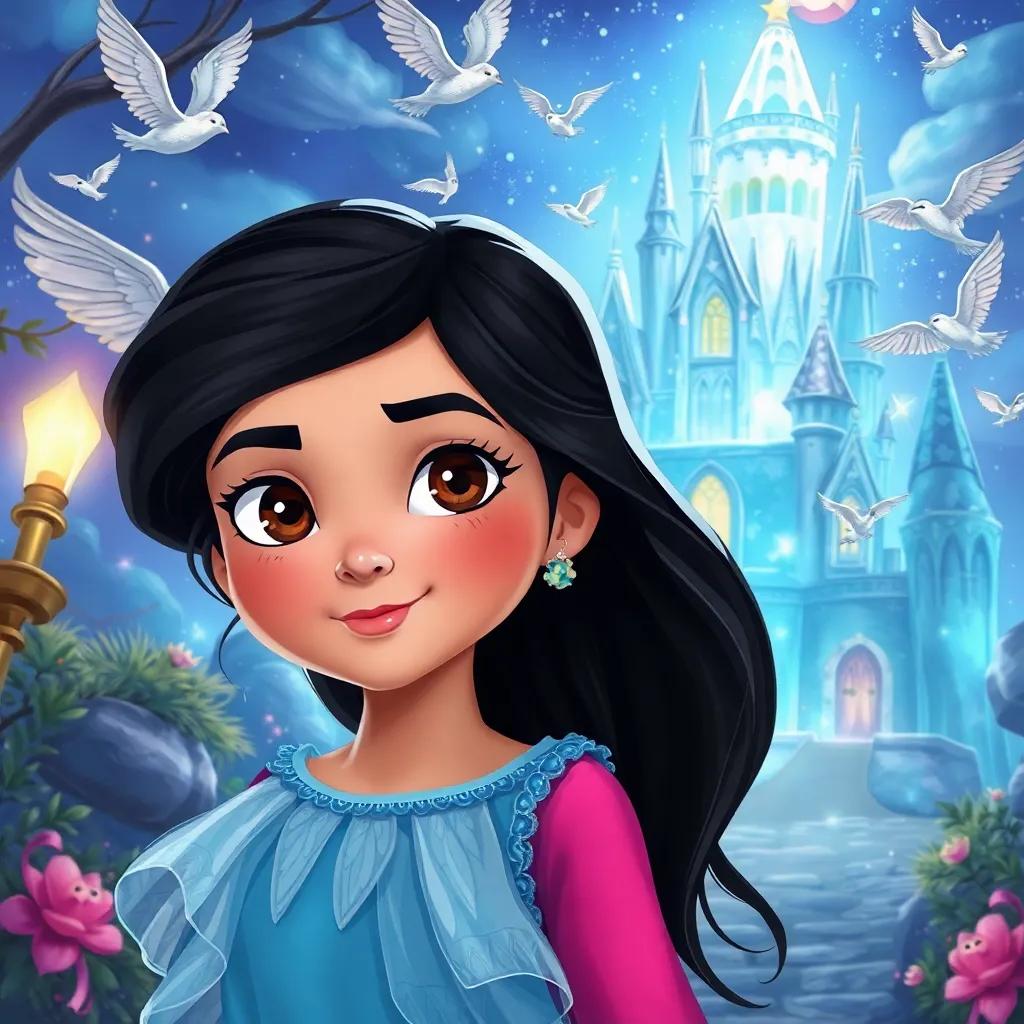 Marisol, una niña con cabello largo y oscuro, delante de un castillo de cristal repleto de hadas volando, en un entorno mágico, ilustración vibrante, mágica, festiva
