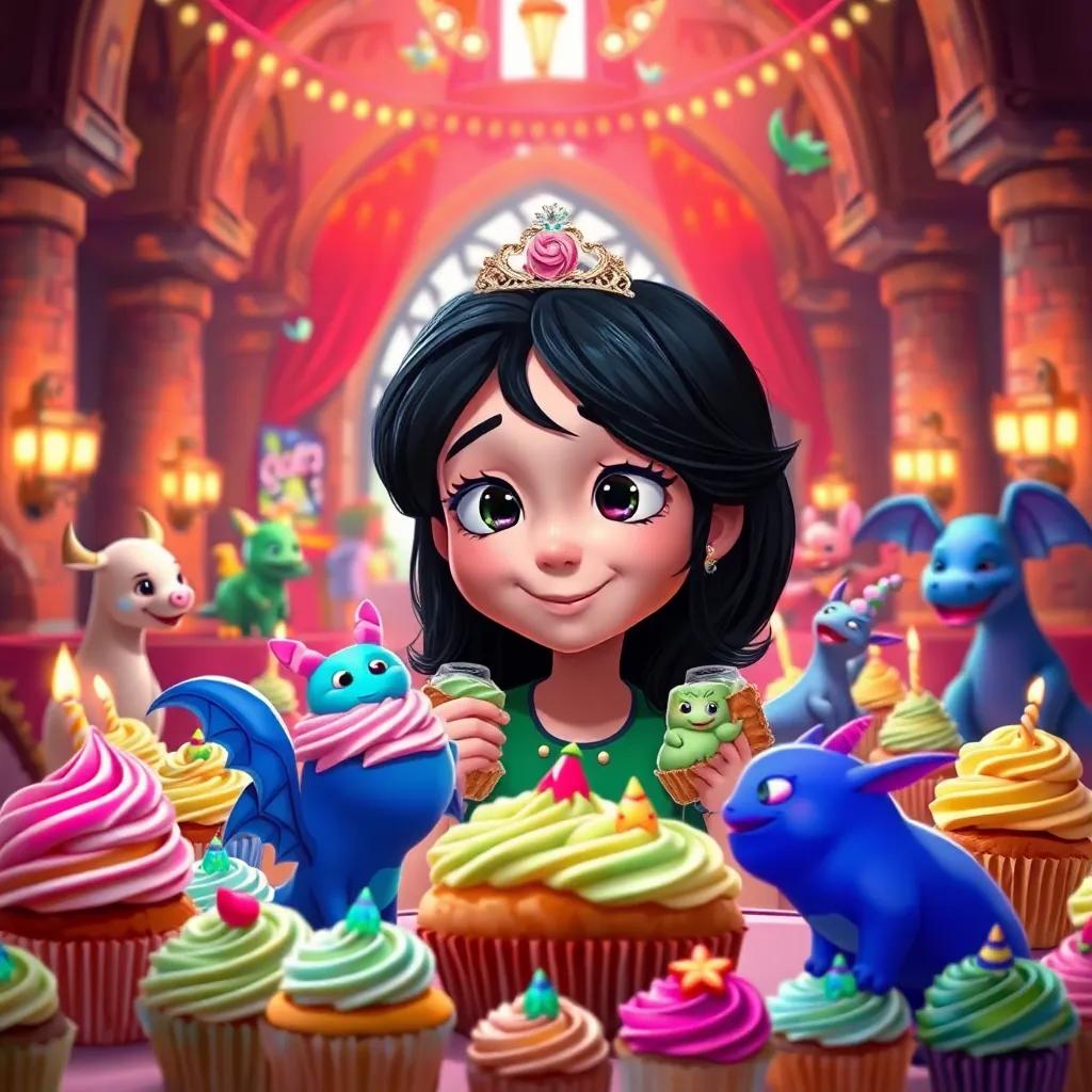 Marisol, una niña con cabello largo y oscuro, disfrutando de un gran banquete, rodeada de cupcakes de colores y criaturas mágicas, en un castillo lleno de alegría, digital art, festivo, cálido y acogedor