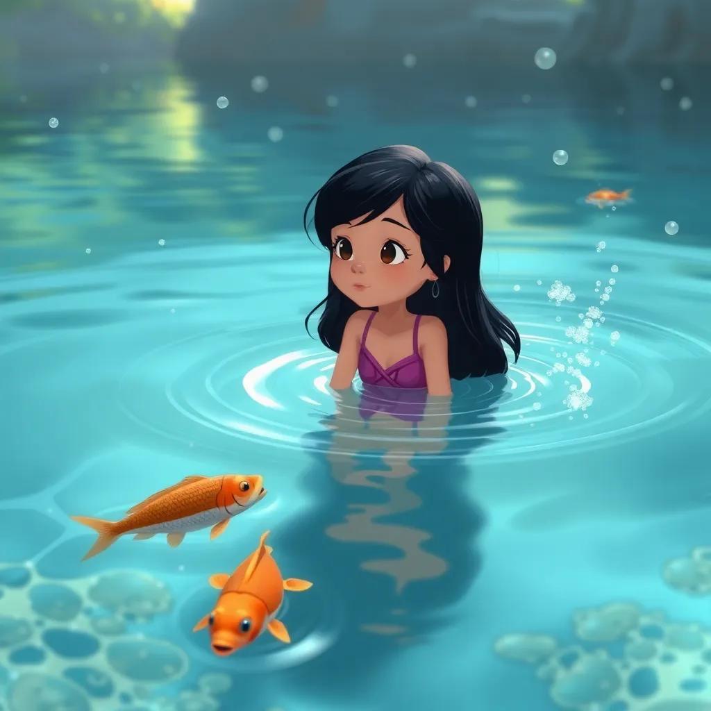 Marisol, una niña con cabello largo y oscuro, nadando en un lago cristalino con peces que hacen burbujas, en un ambiente soleado, ilustración mágica, animada, llena de alegría