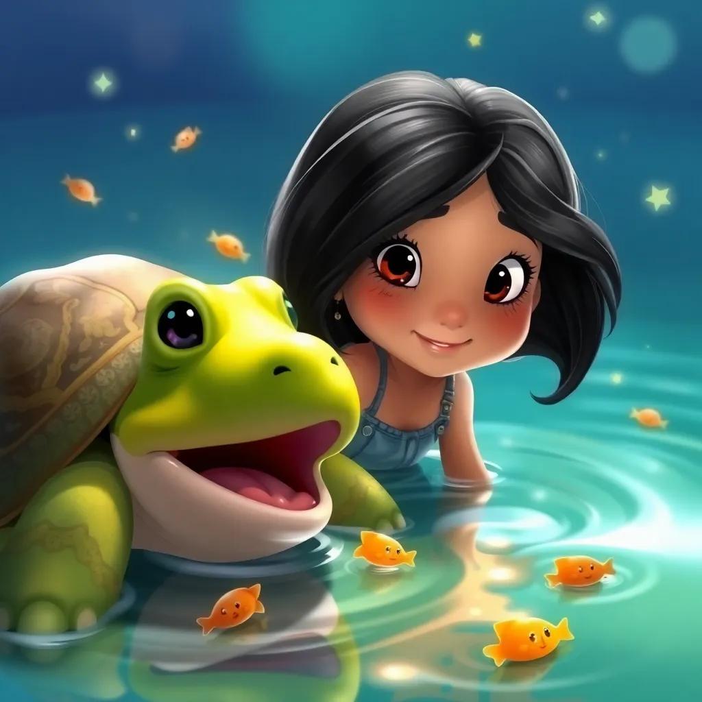 Marisol, una niña con cabello largo y oscuro, despidiéndose de una tortuga mágica y peces sonrientes, cerca del lago, en un entorno mágico, cálido colorido, encantador y alegre