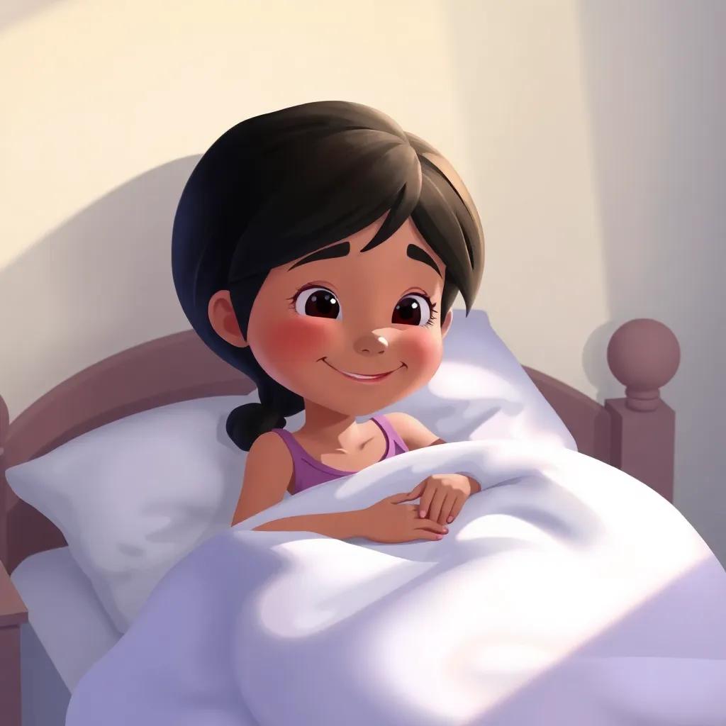 Marisol, una niña con cabello largo y oscuro, regresando a su cama, despertando feliz, en un cuarto acogedor y soleado, ilustración dulce, llena de sonrisas