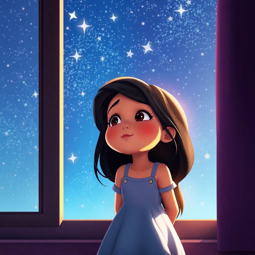 Marisol, una niña con cabello largo y oscuro, mirando su ventana hacia un cielo estrellado, sonriendo mientras piensa en sus aventuras mágicas, digital art, sueños vibrantes, acogedora y feliz