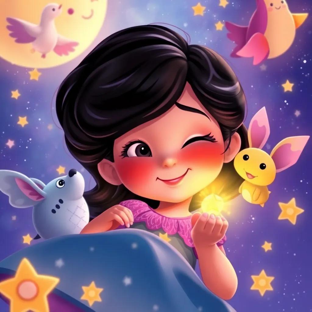 Marisol, una niña con cabello largo y oscuro, disfrutando de sus sueños mágicos, rodeada de amigos fantásticos, en una atmósfera de alegría y magia, ilustración colorida, soñadora y feliz