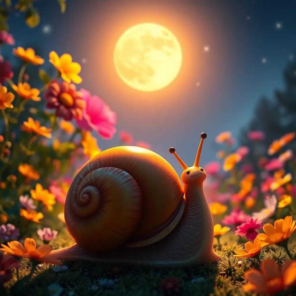 A small snail named Nico, with a shiny shell, looking up at the bright moon in a colorful garden full of flowers, night scene, digital art, warm colors, magical atmosphere, high quality