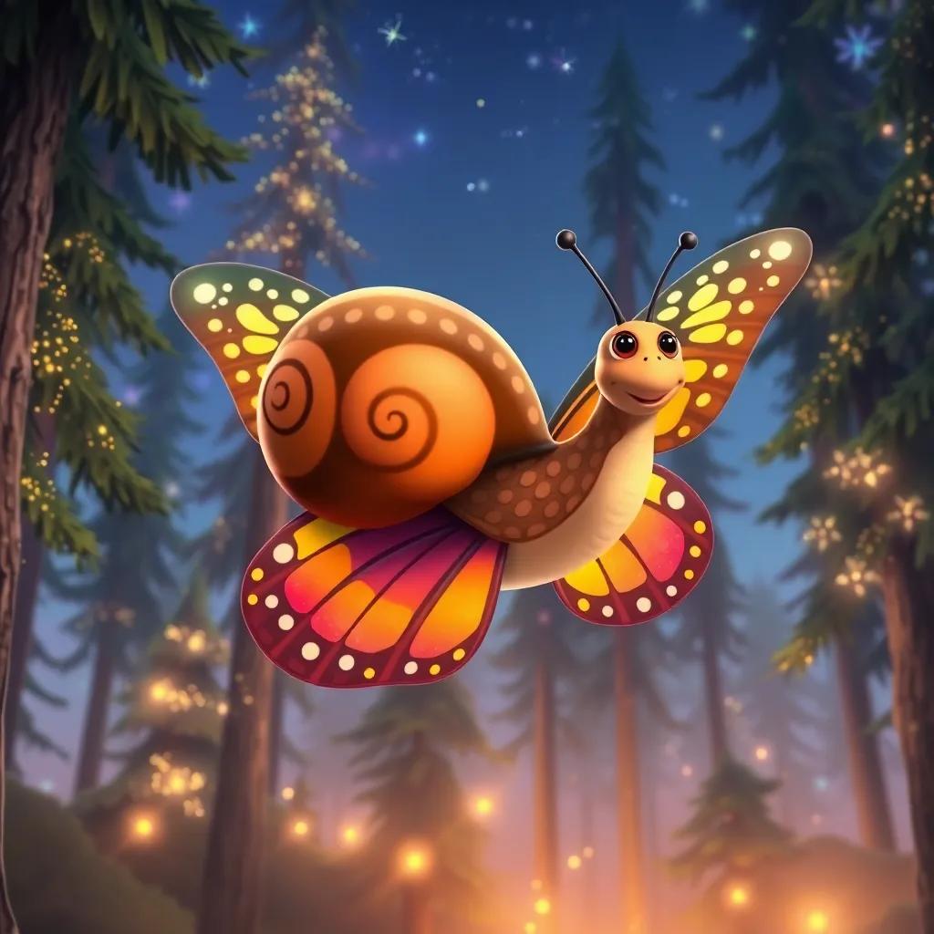 Nico the snail, sitting on the back of a colorful butterfly named Lila, flying over a magical forest with tall, sparkling trees and glowing lights, adventure scene, cheerful, detailed, high quality