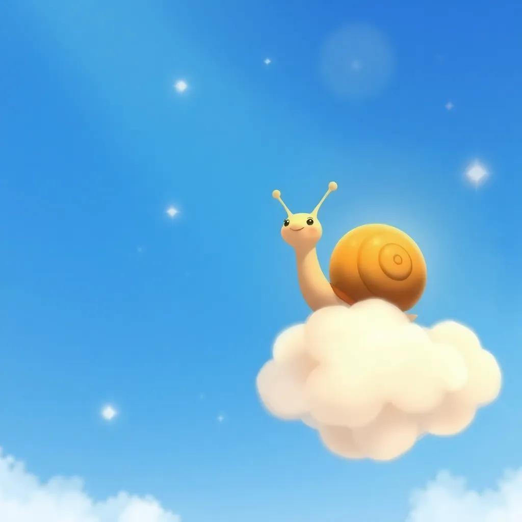 Nico the snail enjoying the wind on a fluffy cloud, high up in the sky, with a beautiful blue background and bright, shining stars, whimsical scene, child-friendly, detailed, high quality