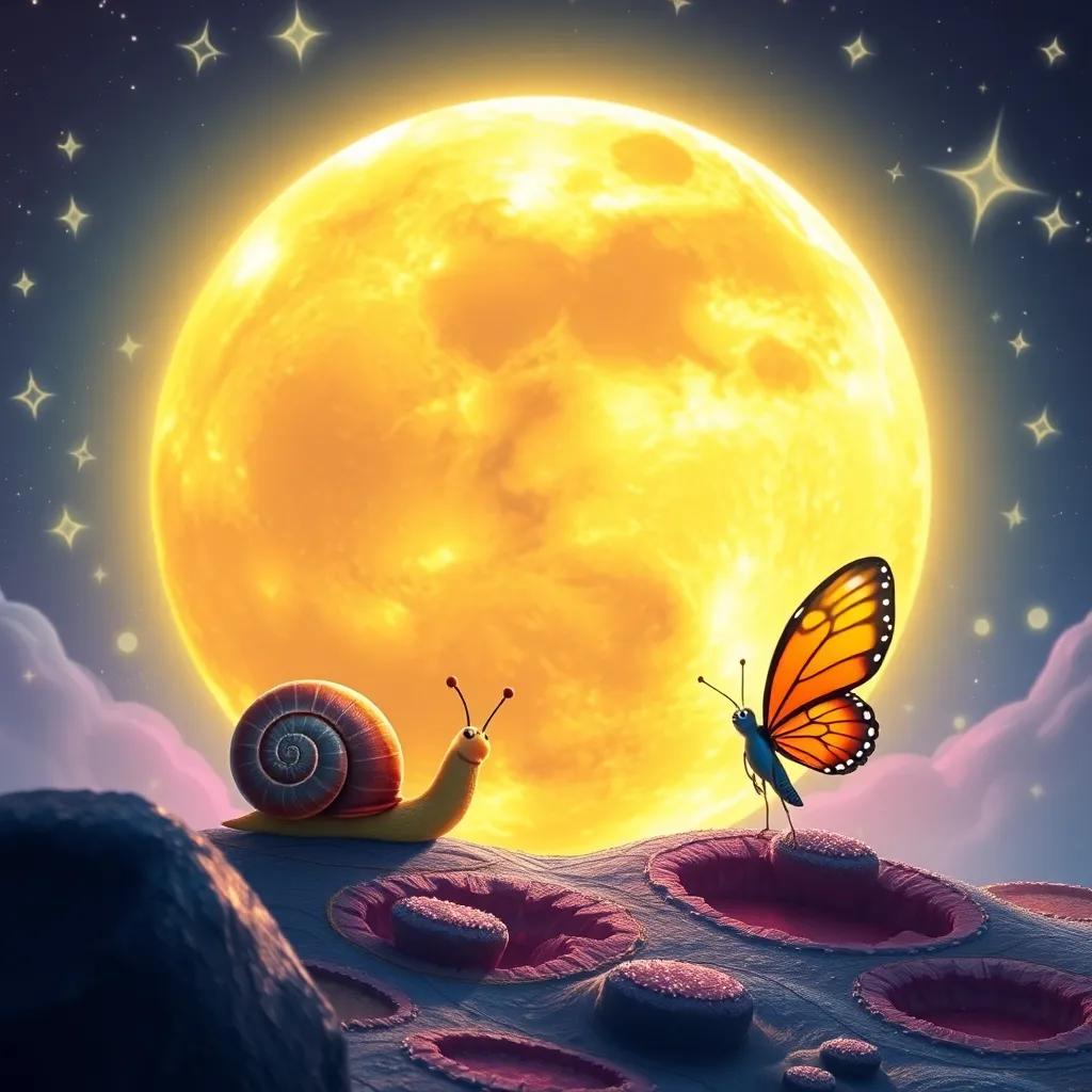 Nico the snail and Lila the butterfly approaching a huge, glowing moon, surrounded by colorful craters and twinkling stars, dreamy scene, digital painting, bright and imaginative, high quality