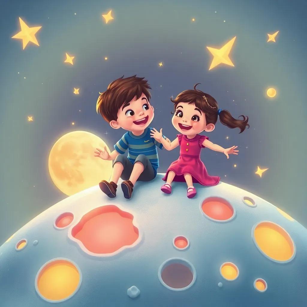 Nico and Lila playing on the moon’s surface, surrounded by colorful craters and shining comets, whimsical, fun atmosphere, lots of joy, vibrant colors, fantasy, high quality