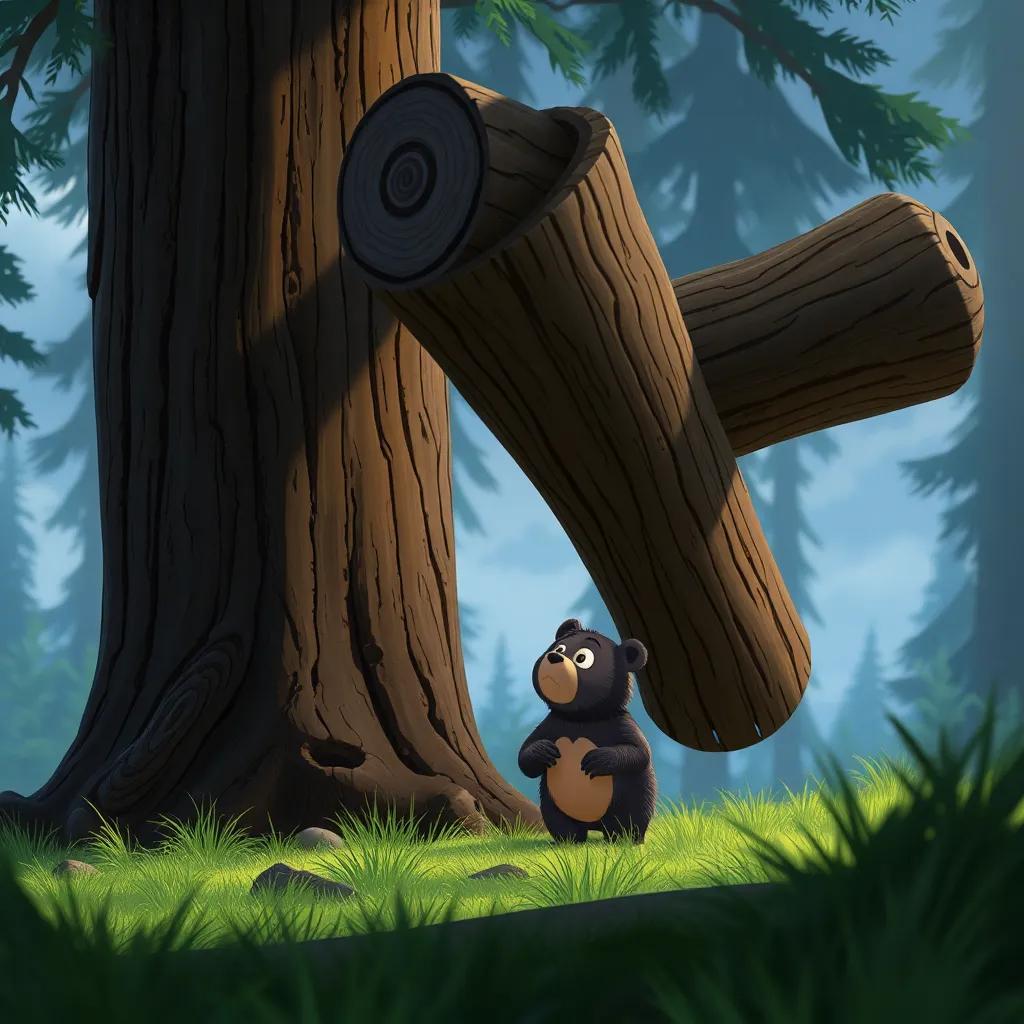Bruno, the small bear, looking surprised under a tall tree as a heavy log falls nearby, showing a mix of fear and determination, dramatic, engaging scene, high quality