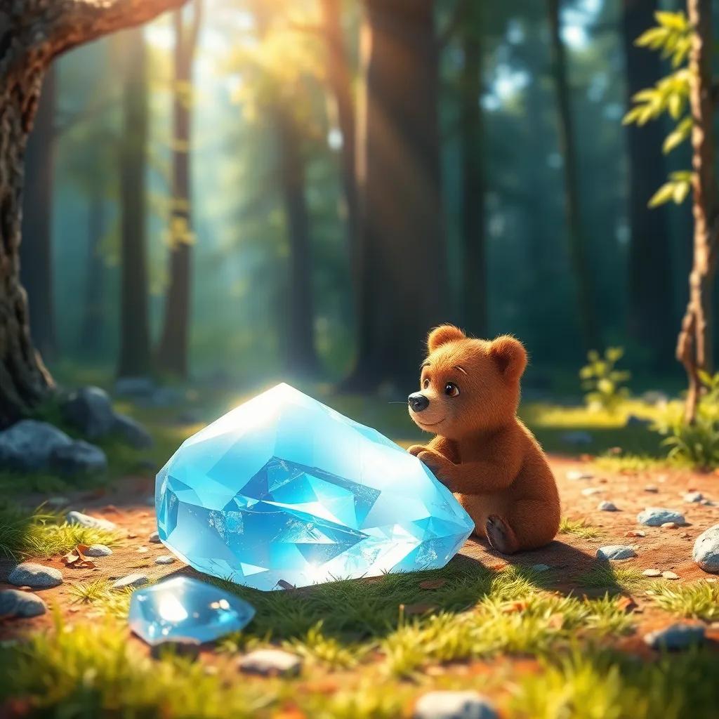 A beautiful bright crystal stone lying on the forest ground, shining under the sunlight, with Bruno, the small bear, observing it with wonder, colorful, inviting atmosphere, detailed view, high quality