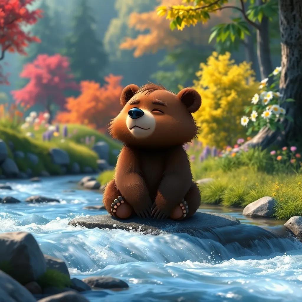 Bruno, the small bear, sitting on the edge of a rushing stream, a thoughtful expression, with his eyes closed, surrounded by colorful trees and flowers, engaging scene, inspiring moment, high quality