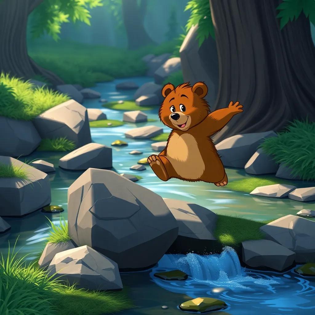 Bruno, the small bear, with determination, jumping from stone to stone across a stream, bright colors, action scene, lively atmosphere, high quality