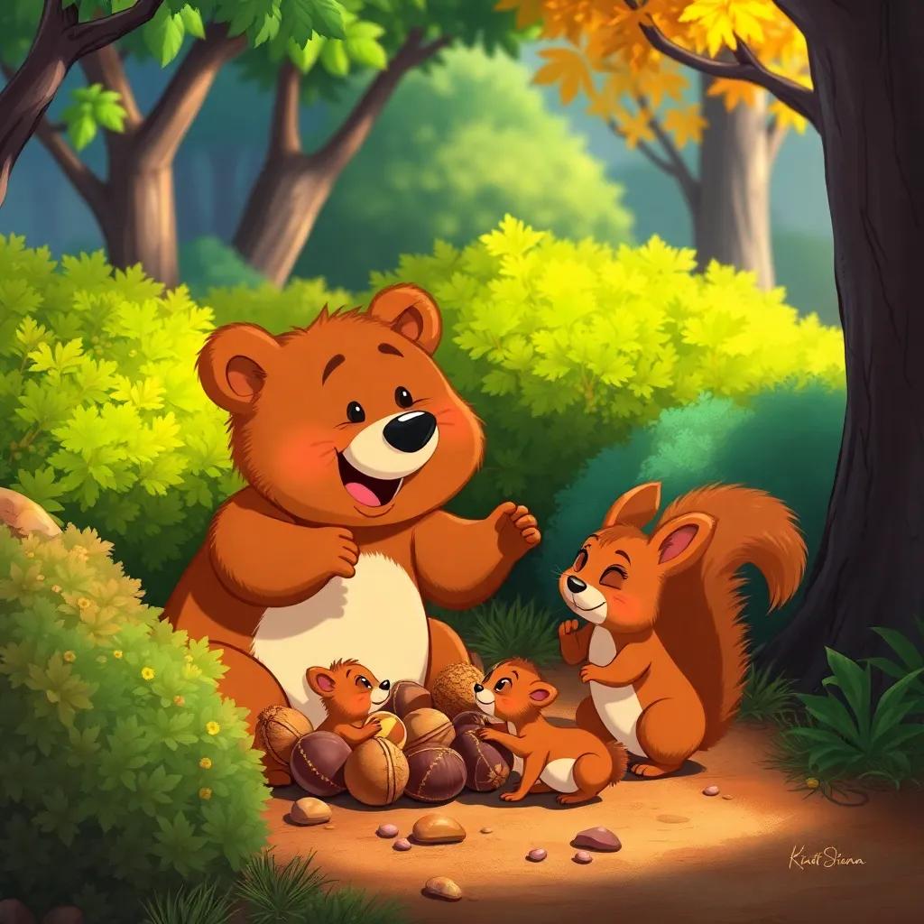 Bruno, the small bear, happily helping a mother squirrel gather nuts with her adorable babies, in a colorful scene with bushes and trees, cheerful and vibrant, high quality