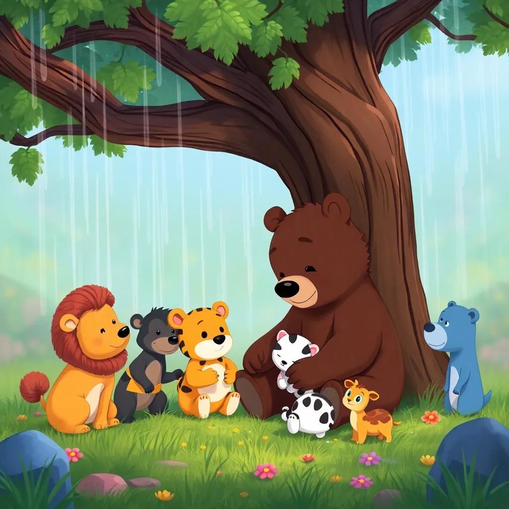 Bruno, the small bear, comforting little animals under a big tree as it rains, showing kindness and bravery, colorful, heartwarming image, high quality