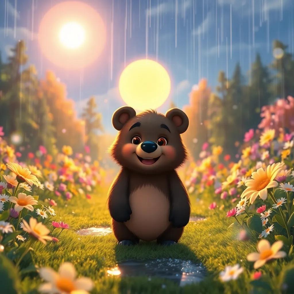 The sun shining brightly after the rain, with Bruno, the small bear, smiling in a beautiful forest filled with flowers and sparkling puddles, joyful atmosphere, high quality
