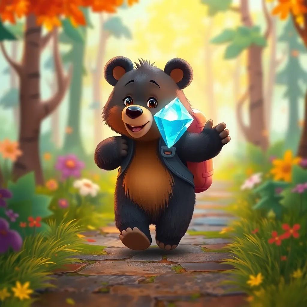 Bruno, the small bear, walking home with a shining crystal in his backpack, looking happy and proud, colorful forest path, vibrant colors, cheerful atmosphere, high quality