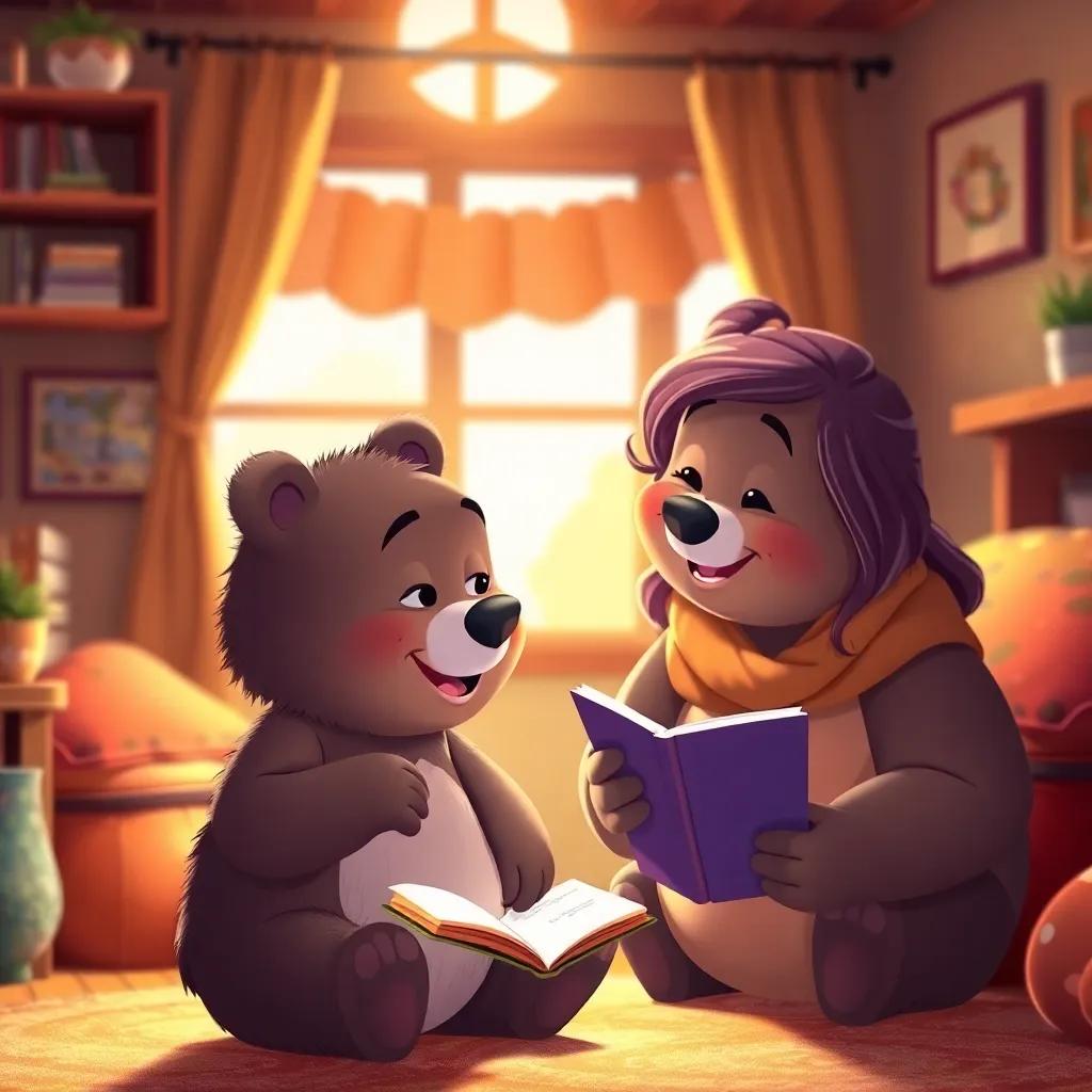 Bruno, the small bear, sharing his adventure story with his mom, both smiling warmly in a cozy, colorful home with a gentle light, heartwarming, happy scene, high quality