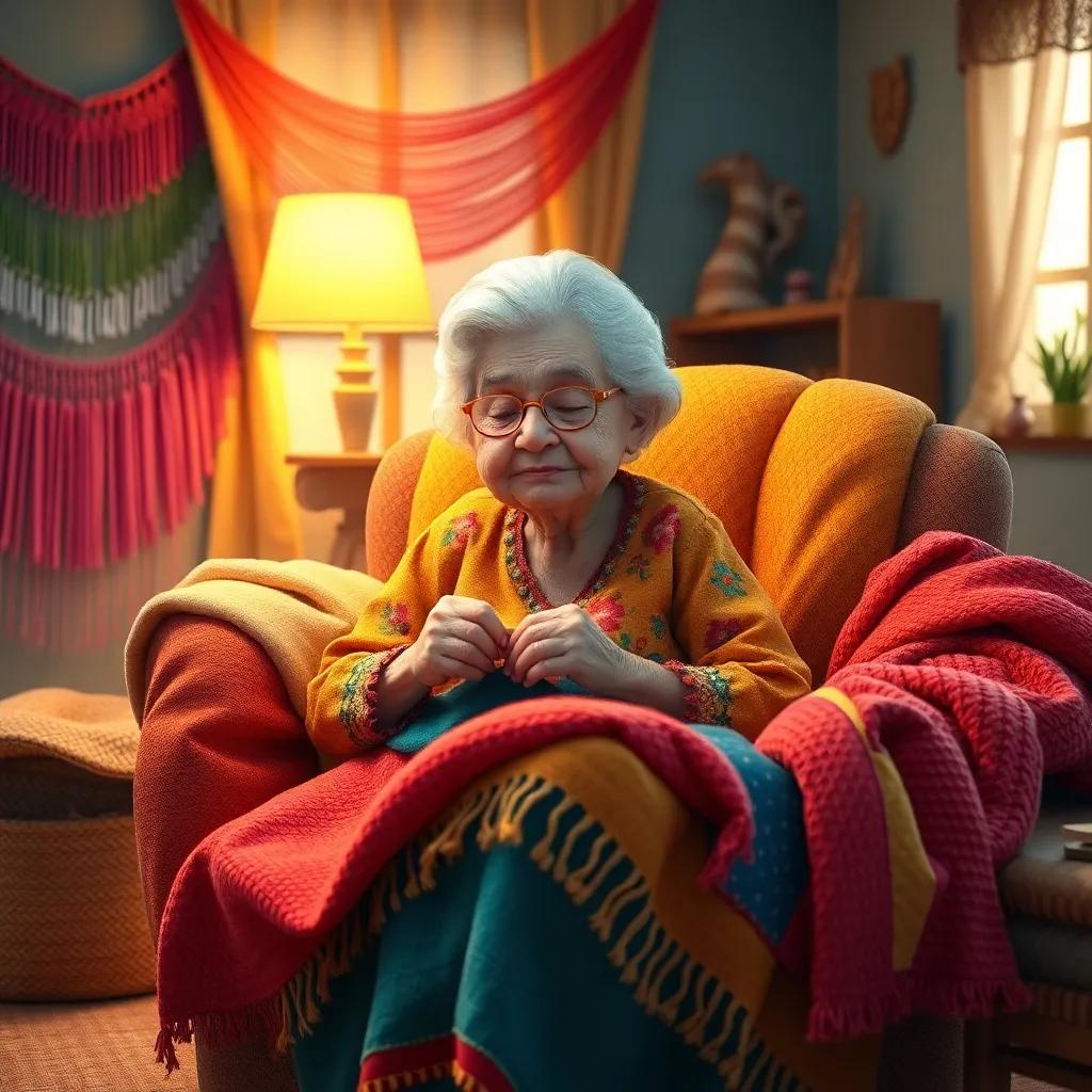 Una abuela tejiendo en un sillón, rodeada de hilos coloridos y mantas, con una luz cálida en una acogedora sala, digital art, vibrantes colores, ambiente hogareño, detalle encantador