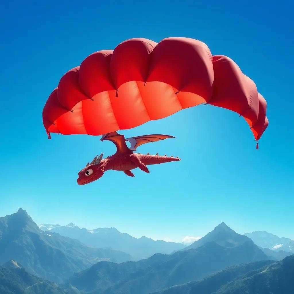 Una manta roja con un dragón volando sobre montañas, colores brillantes y un cielo azul claro, digital art, lleno de aventura, calidad alta