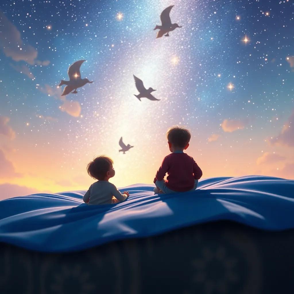 Un paisaje estrellado sobre una manta azul, con niños mirando al cielo, un brillo mágico en el ambiente, digital painting, colorido, luminoso, perspectiva alegre