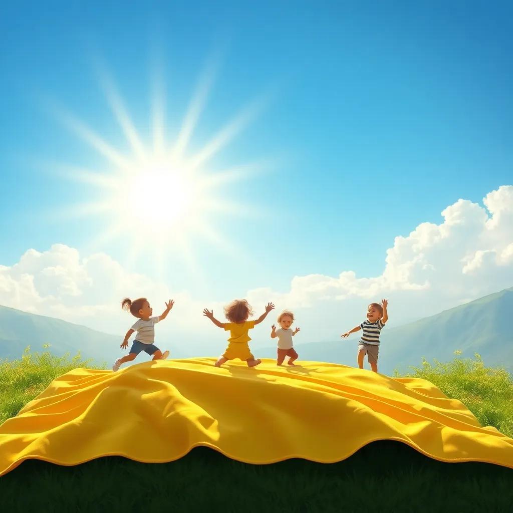 Una manta amarilla con un sol radiante y niños jugando alrededor, brillantes rayos de sol, una sensación de felicidad, digital art, cálido y acogedor, vista encantadora