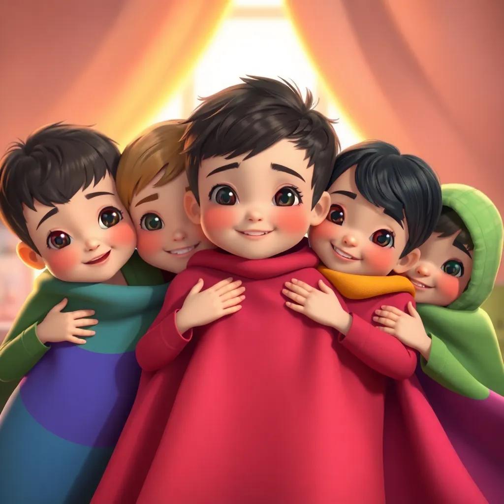 Un grupo de niños abrazando mantas de colores, con sonrisas y ojos brillantes, en un ambiente acogedor con luz suave, ilustración, vibrante y amigable, atractivo