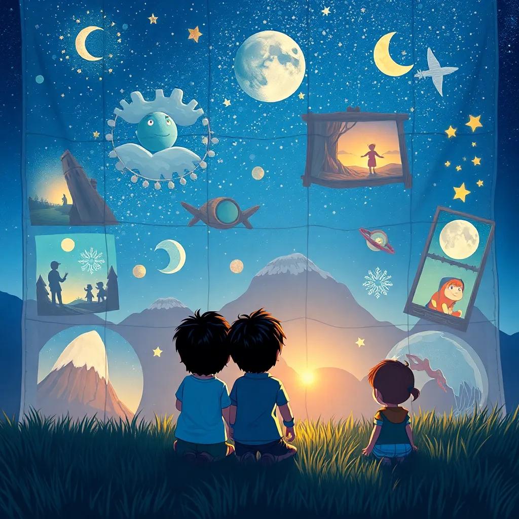 Una manta con varias historias tejidas, mostrando escenas de aventuras y sueños, con niños observando felices, arte digital, lleno de imaginación, alta calidad