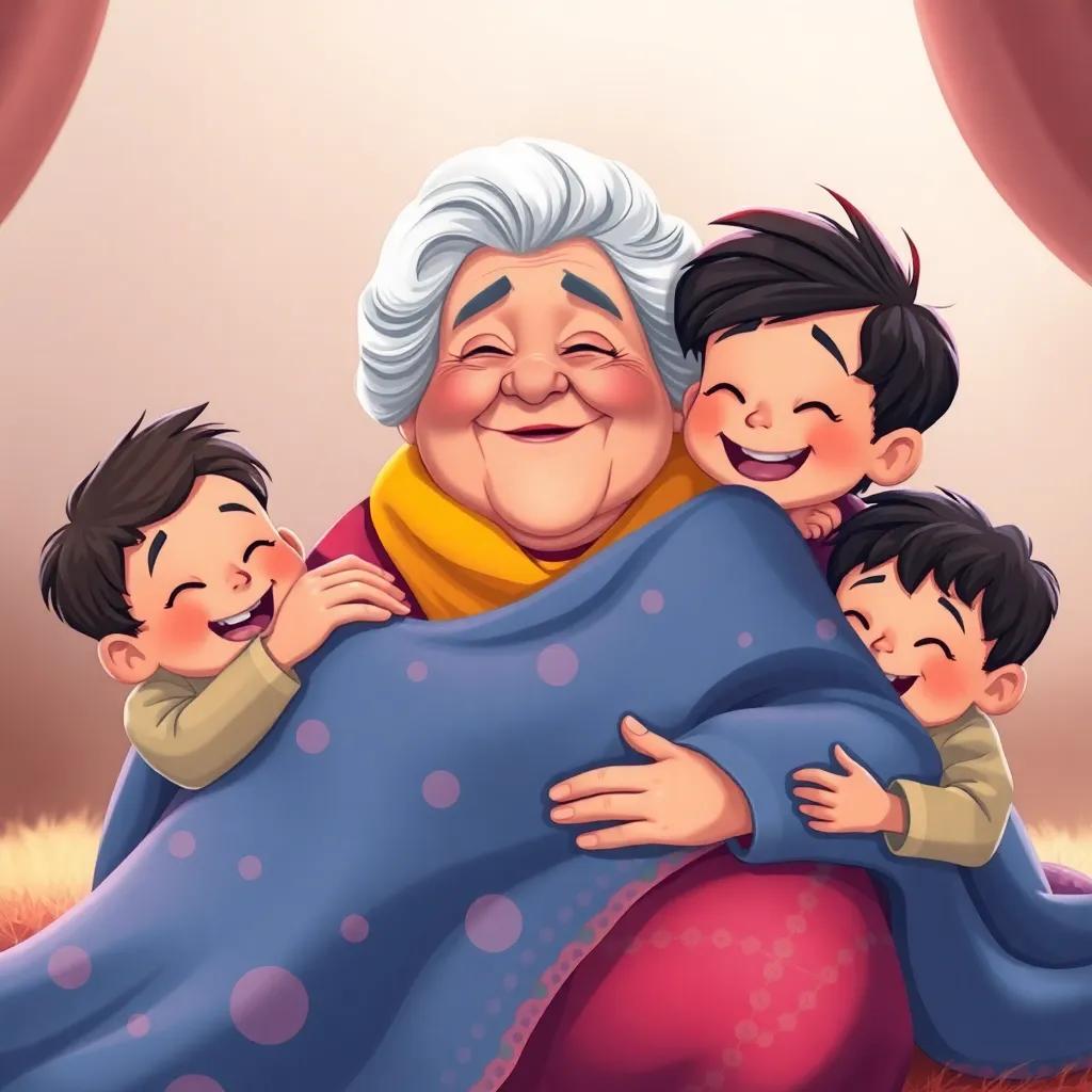 Una abuela sonriendo mientras los niños la rodean, cada uno sosteniendo una manta, compartiendo risas, ambiente hogareño y cálido, ilustración, colorido, amable