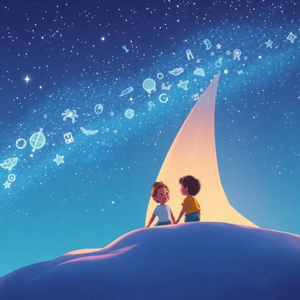 Una manta extendida con recuerdos dibujados de aventuras bajo el cielo estrellado, niños emocionados mirando la manta, arte digital, nostálgico y encantador