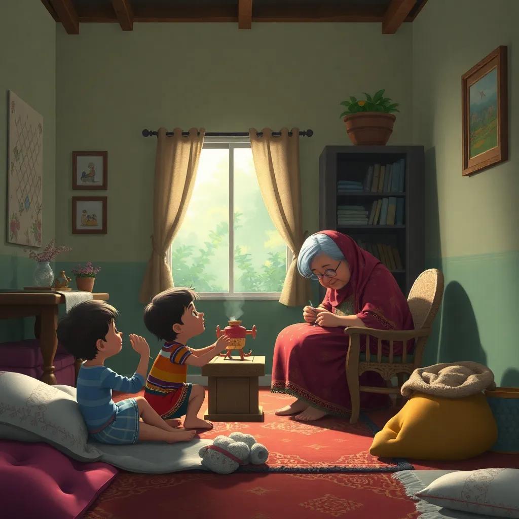 Una escena de la casa con la abuela tejiendo y los niños jugando a su alrededor, todas las mantas en el fondo, creando magia en el hogar, digital art, acogedor y vibrante, detalle claro